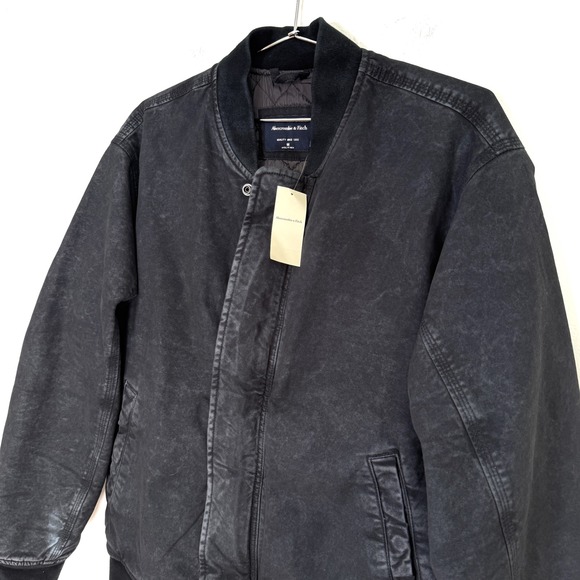 NWT Abercrombie & Fitch Mens Black Washed Bomber Jacket Size Medium - Picture 2 of 7